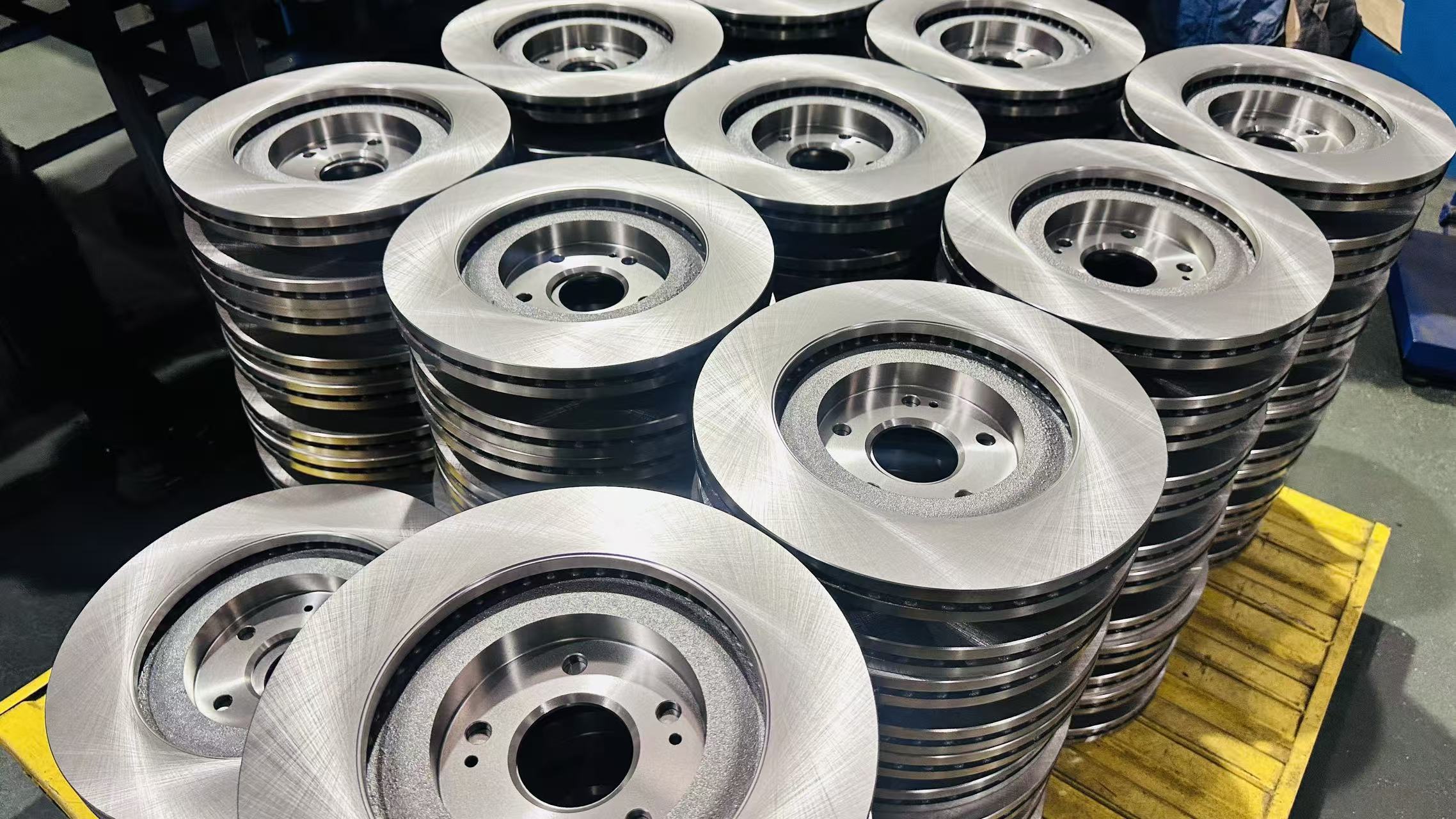 Brake discs photographed in a production workshop