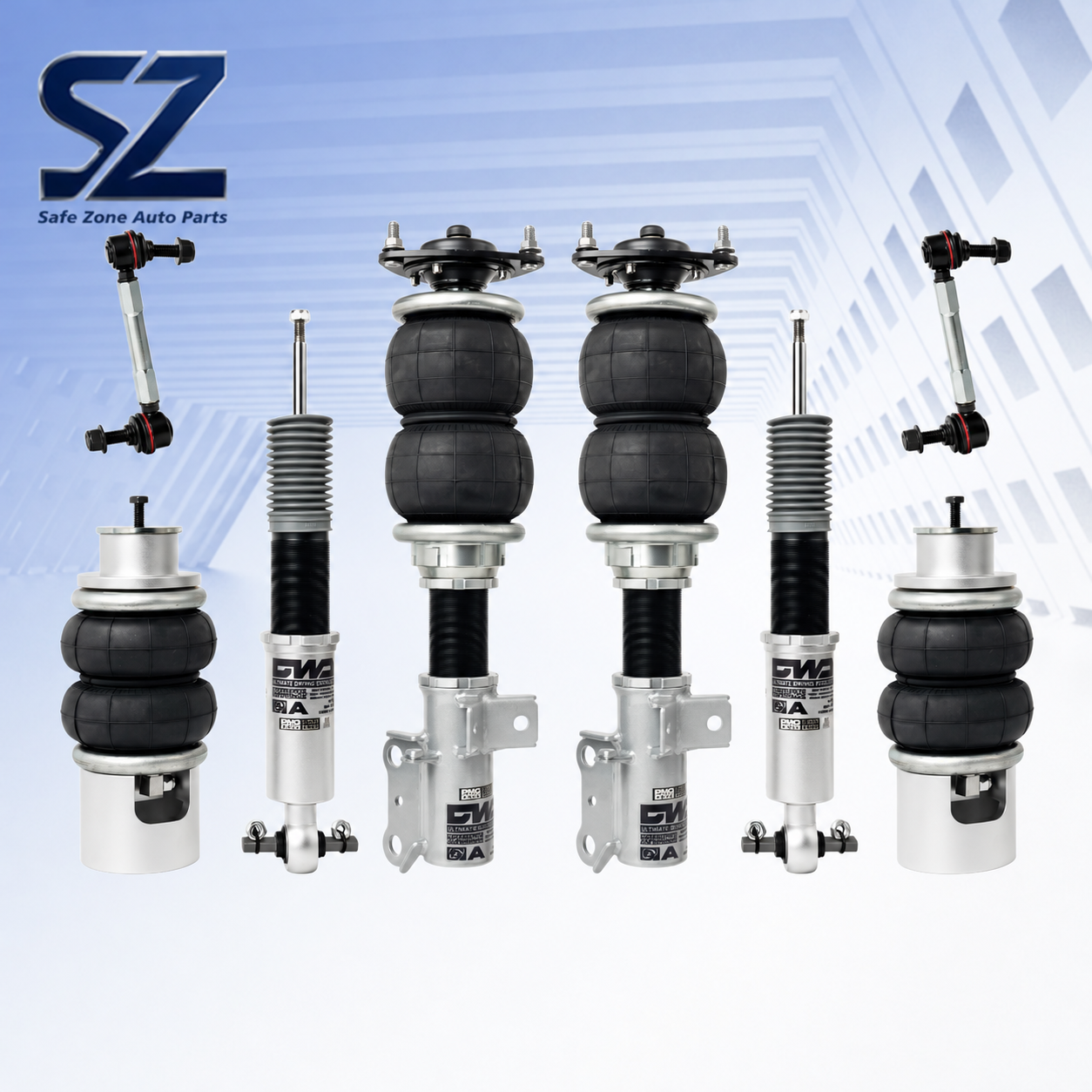 Suspension Components with Black Double-Lobed Bellows and Silver Links